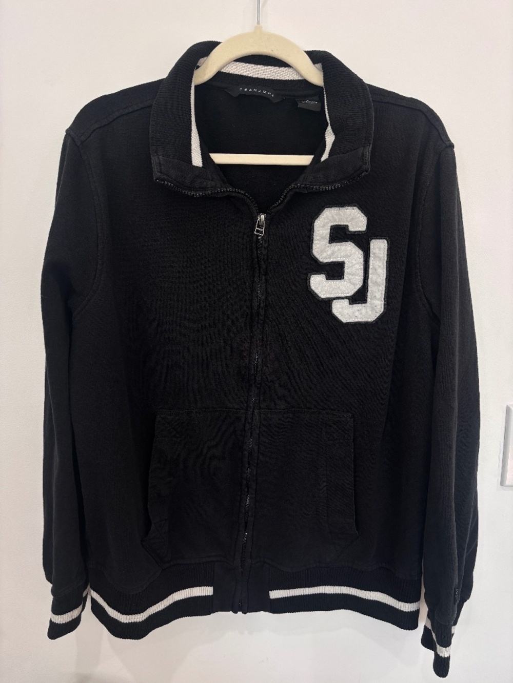 Sean John Zip Up Sweatshirt Large Black White SJ Chenille Patch Hoodie Y2K